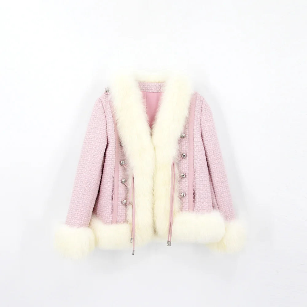 QIUCHEN QC22032 Drop Shipping Hooded Casual Cute Women's Knitted Tweed Jacket with Real Fox Fur Collar Winter