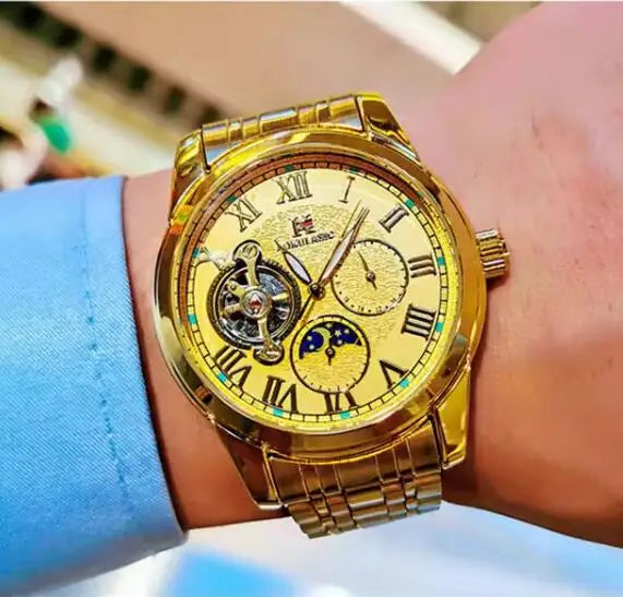 NECHANICAL Watch Aokulasic Fashion Luxury Brand Gold Watch Men's Moon Phase Small Second Automatic Mechanical Waterproof Clock