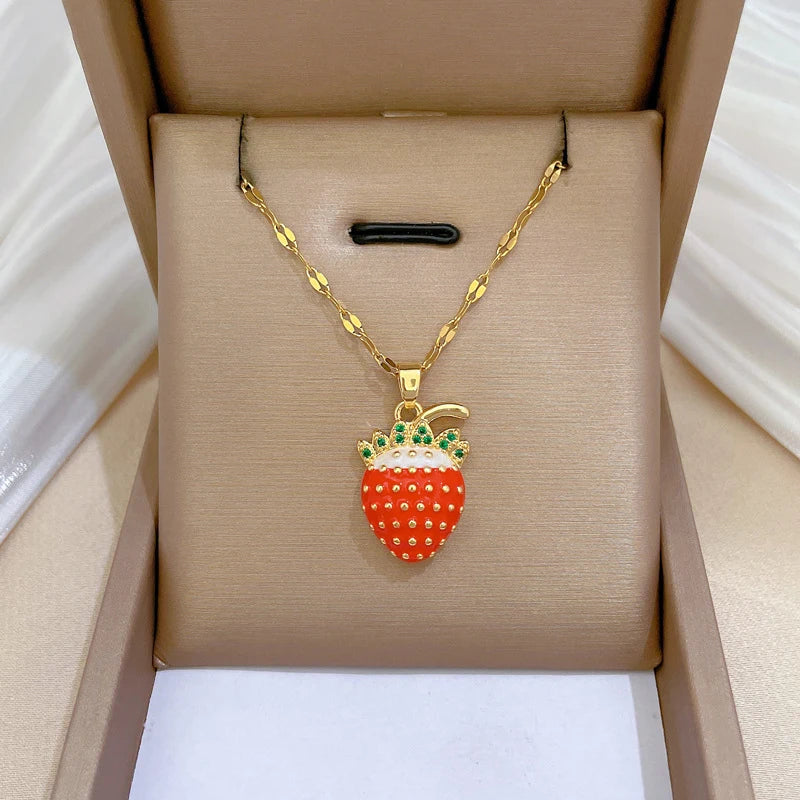 DAIHE Fashion New Fruit Zircon Enamel Necklace 18k Gold Plated Stainless Steel Strawberry Necklace
