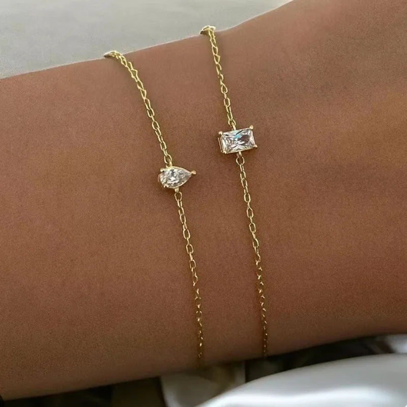 18K PVD Gold Plated Waterproof Stainless Steel Tear Drop Rectangle Zircon Zirconia Charm Bracelet for Women Wholesale Jewelry