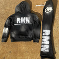OEM Custom Men's Streetwear Set Sun Faded Acid Wash Cropped Hoodie Stacked Flared Sweatpants Embroidery Rhinestone Details