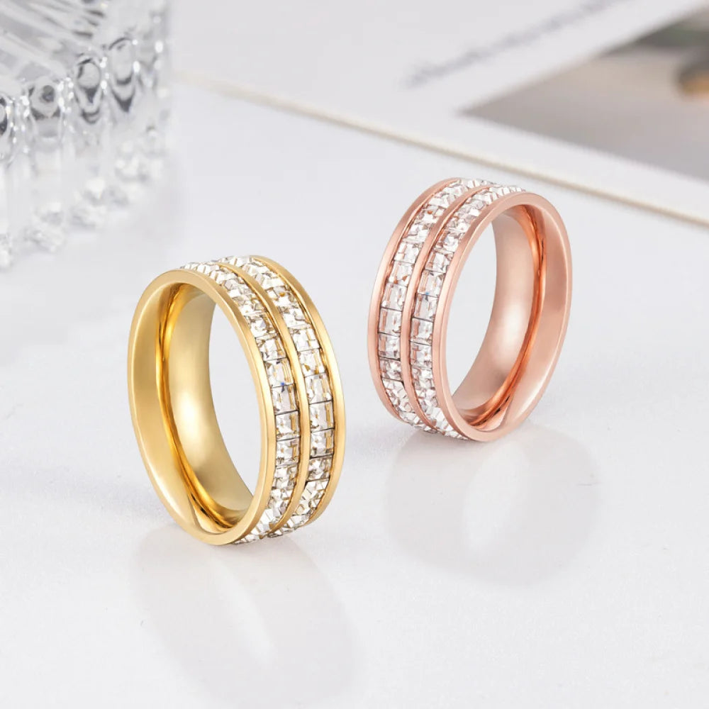 Factory Direct Sales Cross-border Wholesale European Beauty Ins Simple Jewelry Ring 14k Double Row Diamond Stainless Steel Ring
