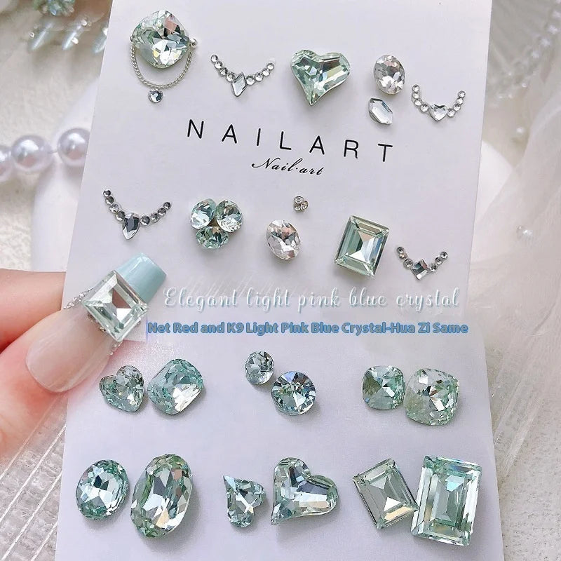 Paso Sico K9 3D Crystal Nail Art Rhinestones Light Pink Blue Multi-Cut Surface Shape Pointed Bottom Fat Square Nail Stone