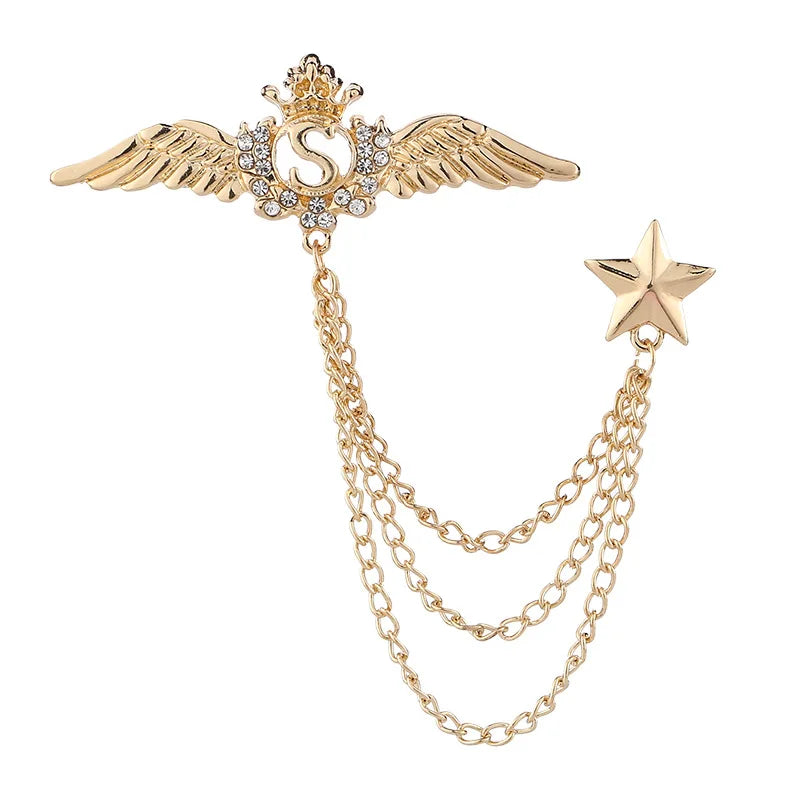 Vintage Retro Men's Business Suit Chain Brooches Crystal Rhinestone Diamond Plated Zinc Alloy Star Wing for Business Formal