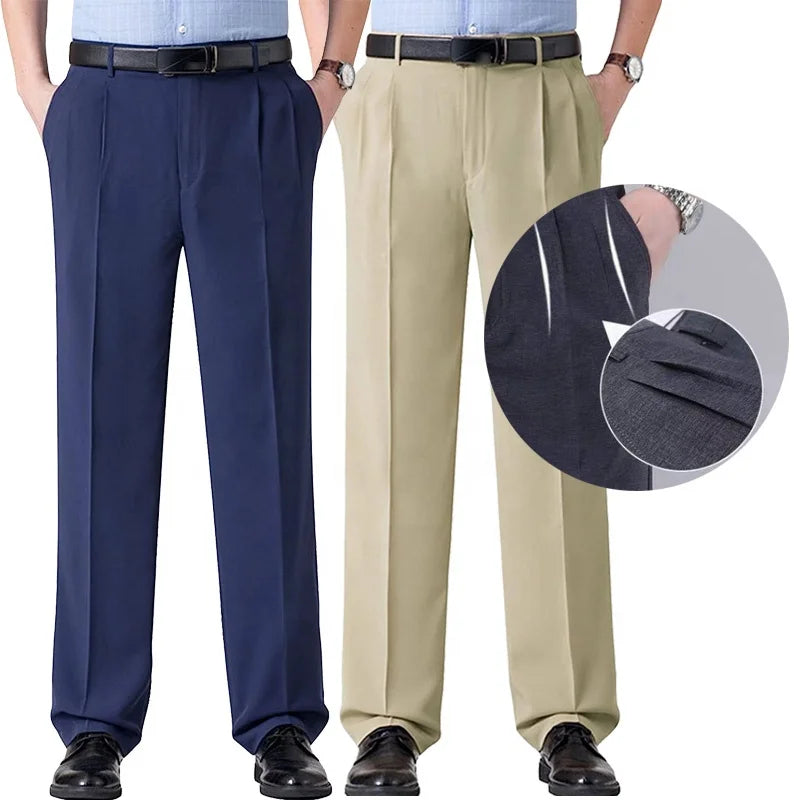 Mens Tuxedo Pants Double Pleated Front Wide Leg Business Trousers Classic Fit No Iron Work Office Clothes Formal Pants