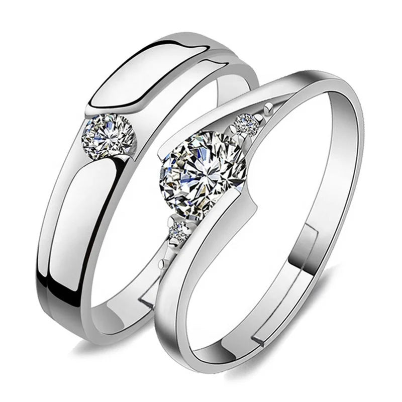 Marriage Ring Fashion Crystal CZ Stone Wedding Engagement Rings for Couples 925 Sterling Silver Adjustable Ring for Women Men
