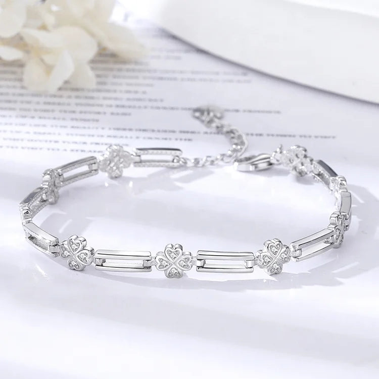 Four Leaf Ladies Women's Luxury Friendship Gift Jewelry Sterling Silver 925 Clover Link Chain Bracelet Pave With Cubic Zirconia