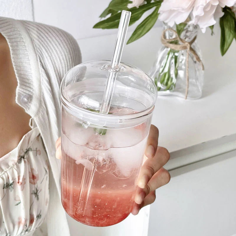 Ins Style Unique Clear Smoothie Water Coffee Tumbler Glass Cups With Dome Glass Lid and Glass Straw 450ML