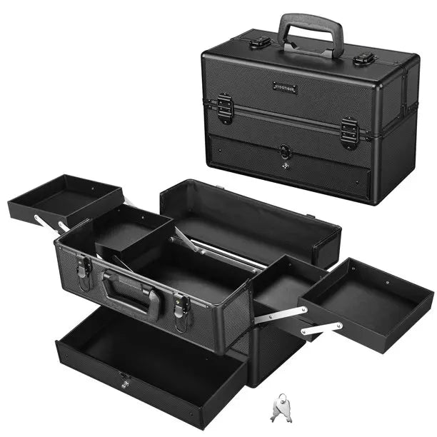 Key Lockable Aluminum Train Case with Extendable Trays Cosmetic Storage Organizer Box