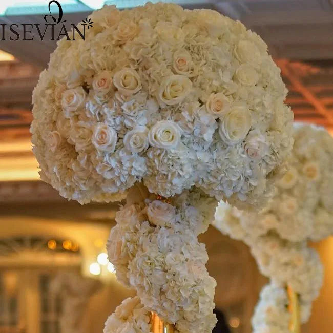 ISEVIAN Ivory Large Artificial Rose and Hydrangea Flower Ball Centerpieces for Wedding Decoration