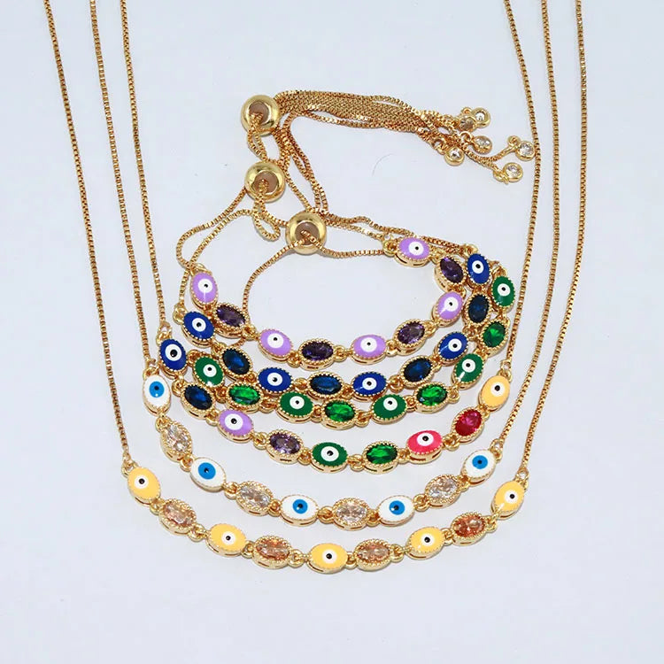 S11169 18k Gold Plated Colorful Oval CZ Diamond Zircon and Enamel Evil Eyes Tennis Necklace & Bracelet Jewelry Set