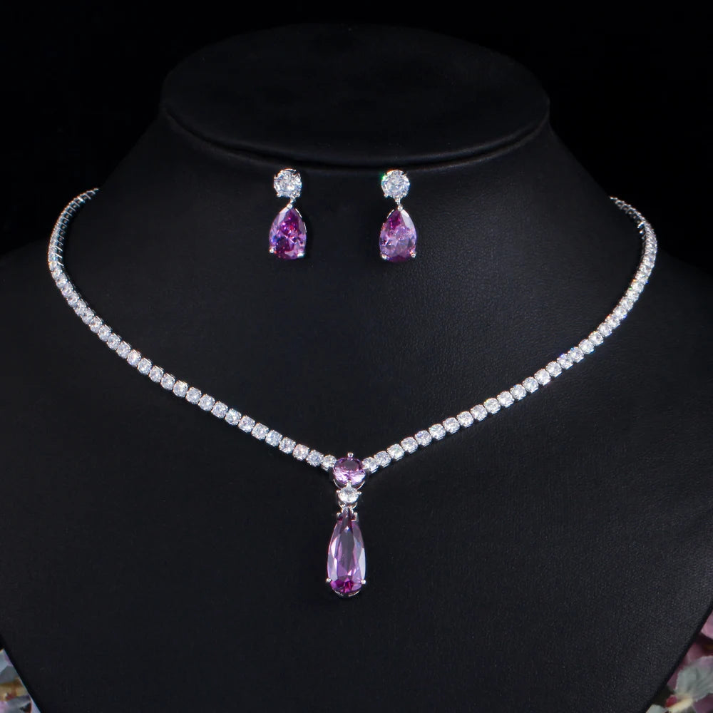 Top Quality Purple Cubic Zirconia Water Drop Fashion Women Engagement Party Jewelry Set for Wedding Bridesmaid Accessories Gift