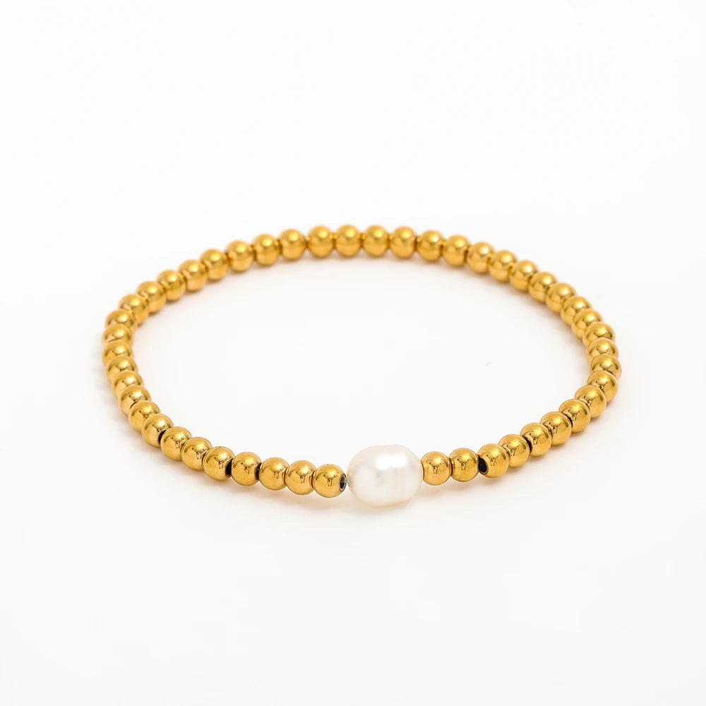 18K PVD  Stainless Steel Gold Pearl Bead Bracelet Elastic Stainless Steel Gold Bracelet for Women