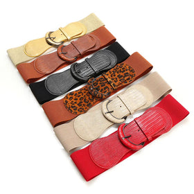 Women's Wide Stretchy Cinch Belt 3 Inch Vintage Chunky Buckle Belts Pu Leather Elastic Belt for Women