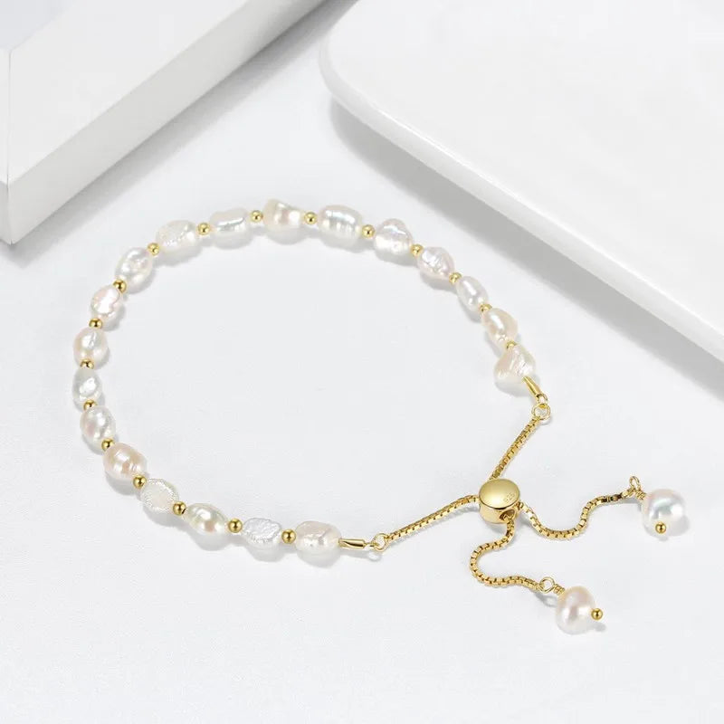 Baroque Style Gold Beads 925 Sterling Silver Natural Freshwater Pearl Chain Link Bracelet for Women