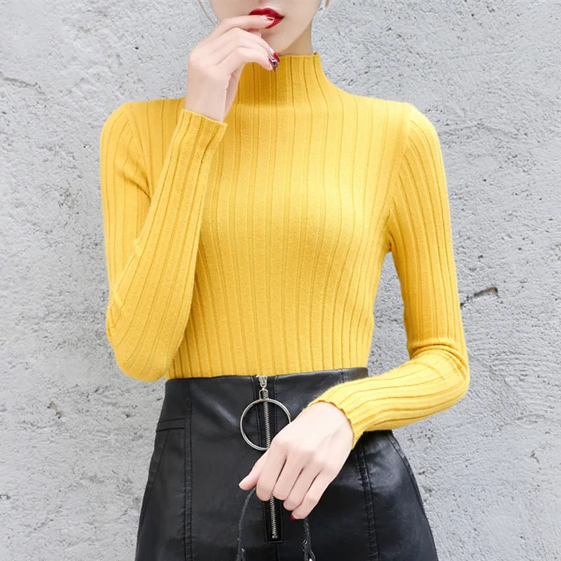 Women Pullover Turtleneck Sweater Autumn Long Sleeve Slim Elastic Simple Basic Cheap  Sweater