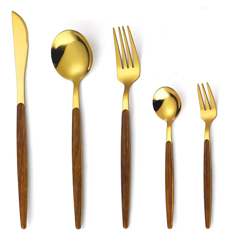 Light Luxury ABS Wood Handle 18/0 Stainless Steel Cutlery Silverware Set Restaurant Flatware Set