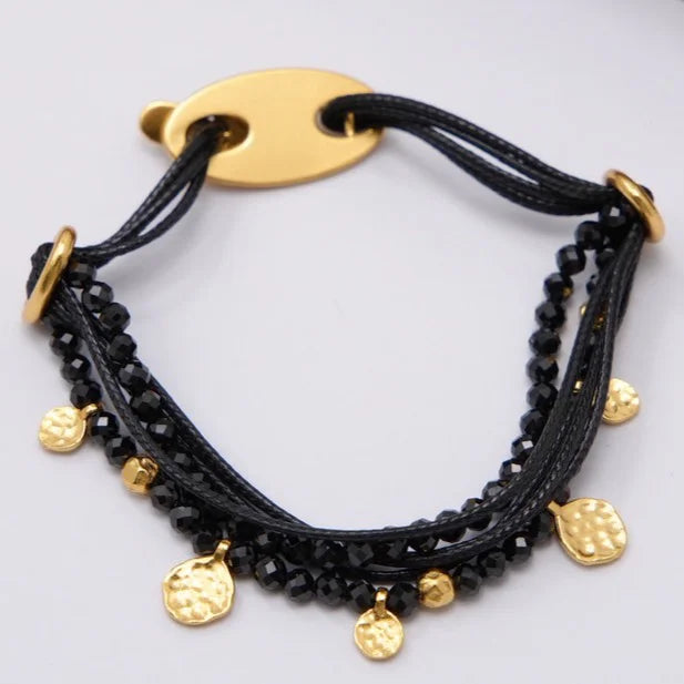 Elegant Black Thread Gold Round Plate Crystal Bead OT Buckle Bracelet Real Gold Plated Brass Jewelry for Women Gift