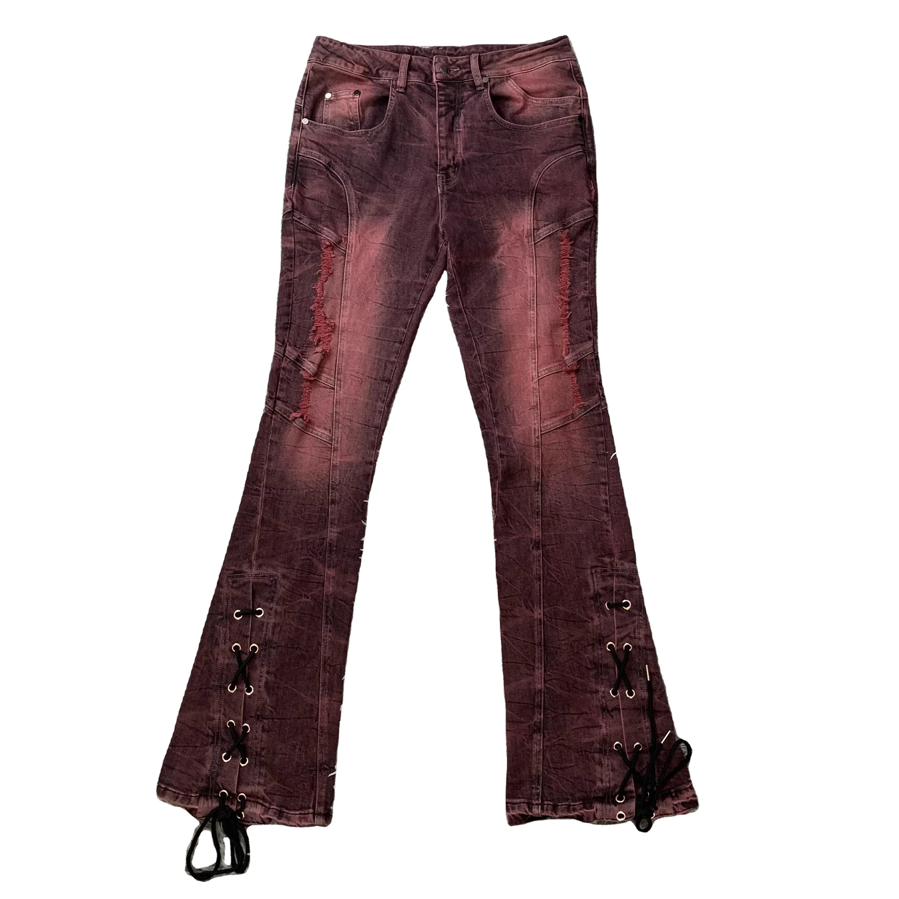 DENIMGUYS Customized Design Eyelet Drawstring European America Street Style Men Sun Faded Washed Distressed Flared Jeans