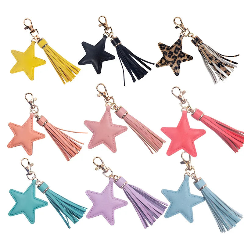 Wholesale Bag Accessories Keychain Colorful Leather Cute Star Pendant Tassel Key Ring for Car Key