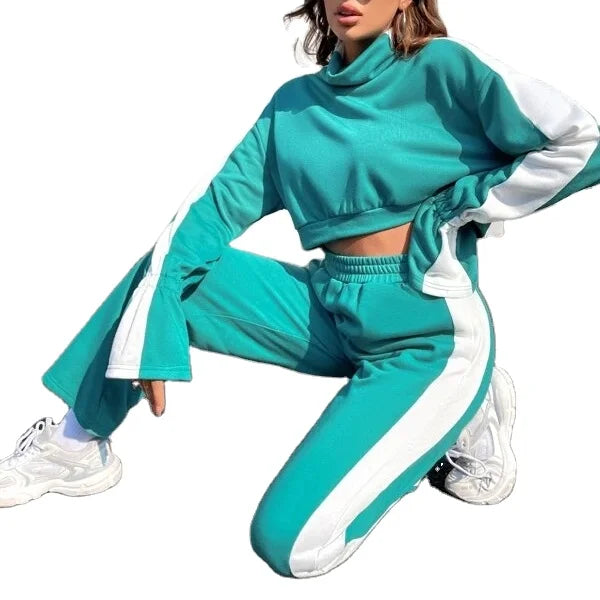 KY Femme Luxury Cotton Women's Tracksuit Funnel Neck Wide Leg Pants Crop Top Elastic Waist Closure 100% Cotton Loose for Spring