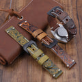 Handmade Leather Watch Bands with Flowers Embossed Carved 18/20/22/24MM Full Grain Leather Watch Strap With Heavy Duty Buckle