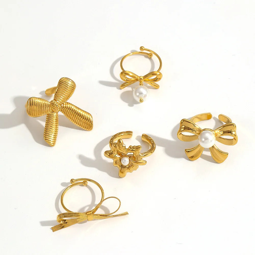 Bowknot Stainless Steel Ring Resizable 18K Gold Plated Pearl Ring for Wedding Gifts