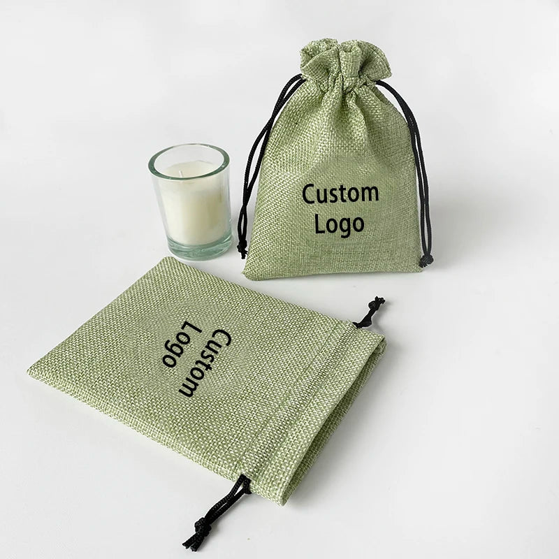 Custom Logo Eco-Friendly Recyclable Biodegradable Green Jute Linen Drawstring Burlap Pouches for Tarot Cards