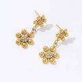Waterproof Design Stainless Steels Double Flowers 18K Gold Zircon Drop Earring for Women