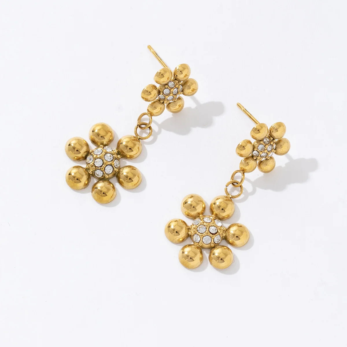 Waterproof Design Stainless Steels Double Flowers 18K Gold Zircon Drop Earring for Women