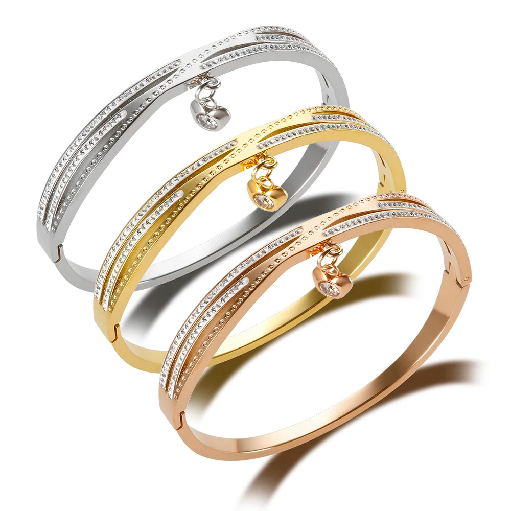 Tarnish Free Jewelry 18K Gold Plated Stainless Steel Bangle CZ Zircon Stone Crystal Cross Hollow Heart Shaped Charm Cuff Bangle