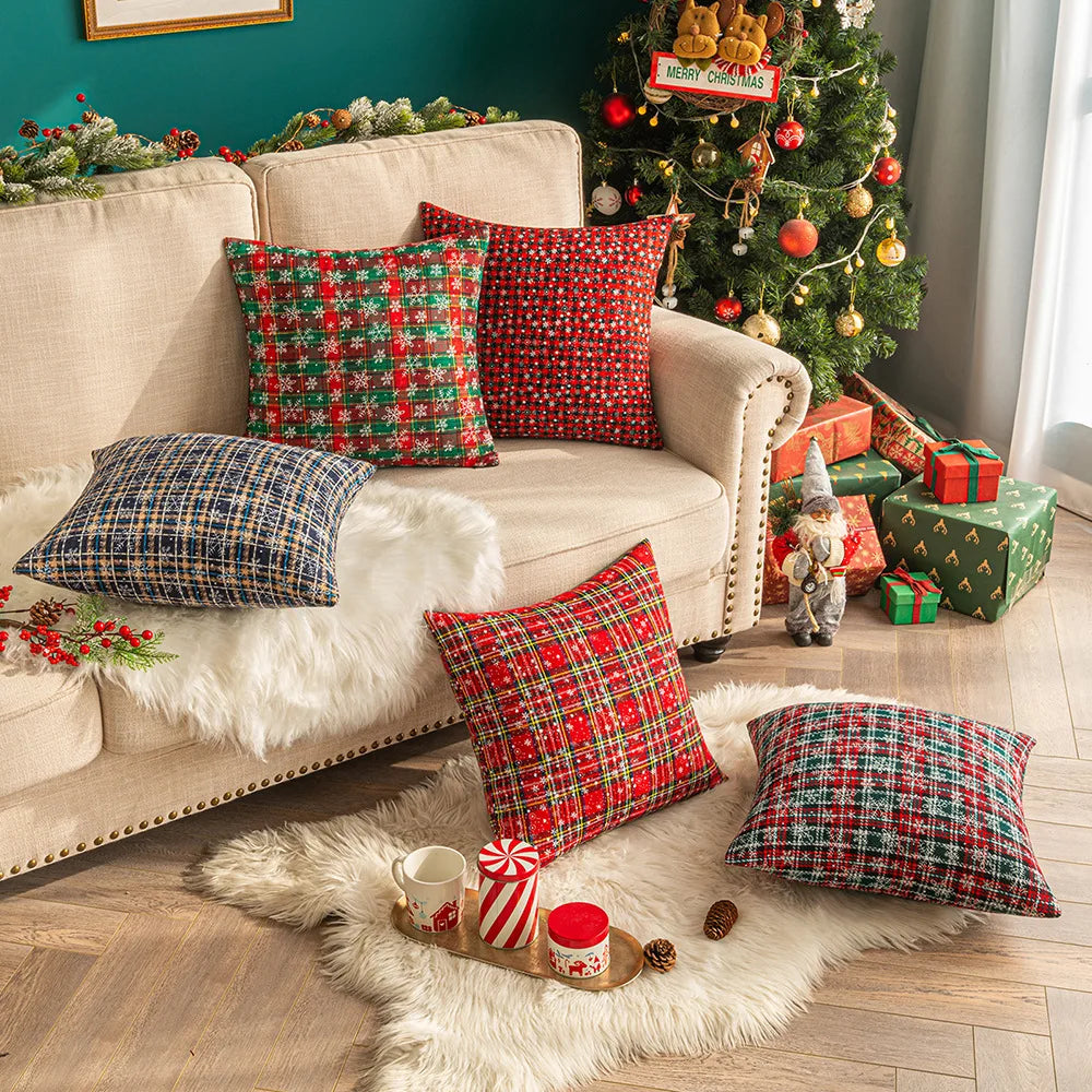 Lumbar Pillow Cover Nature Printed Snowflake Striped Plaid Pillow case Cozy Christmas Throw Pillow Cover Sofa Decorative Cushion