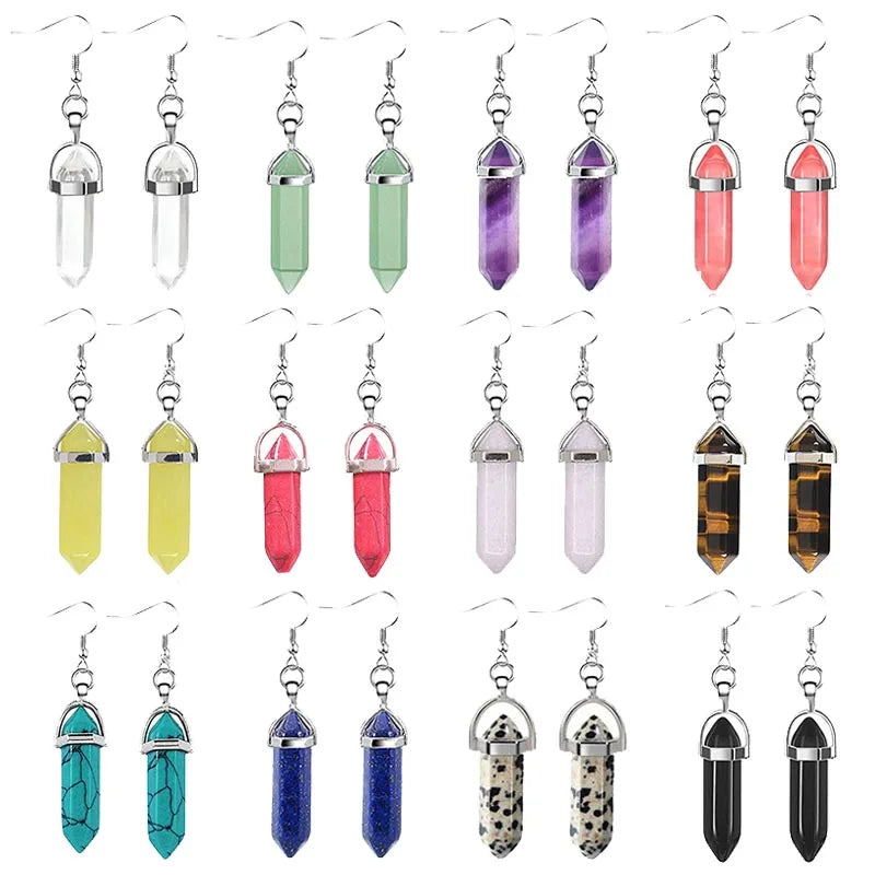 Factory Wholesale Natural Stone Crystal Stone Quartz Hexagonal Earrings Agate Amethyst Rose Quartz Opal Bullet Earrings