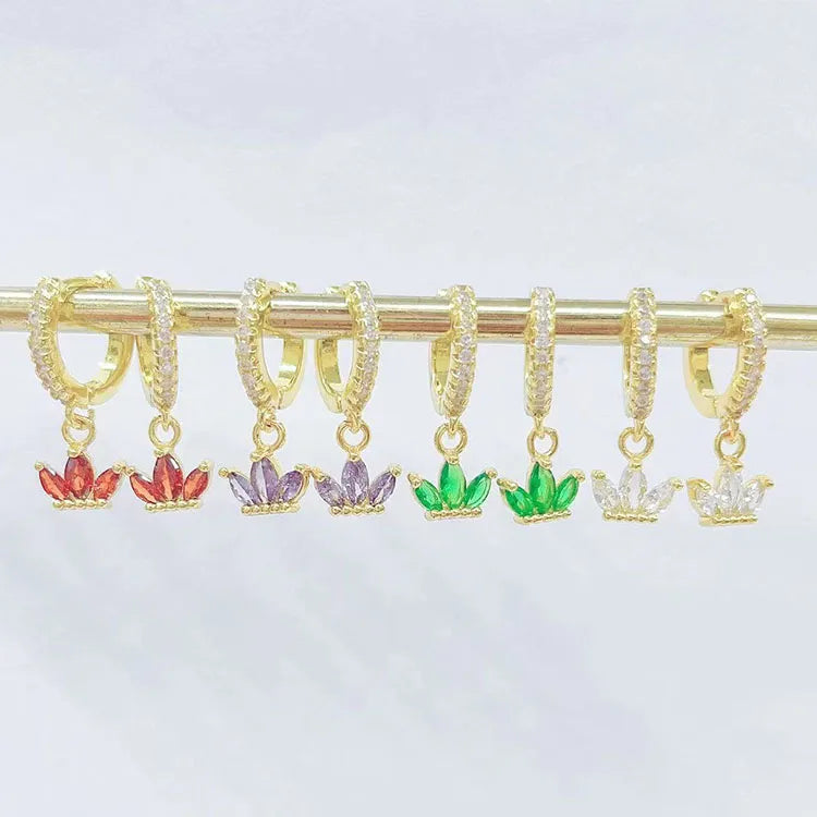 EC1842 Dainty Mini Minimalist 18k Gold Plated Pave CZ Diamond Crystal Crown Leaf Charms Huggie Hoops Earrings