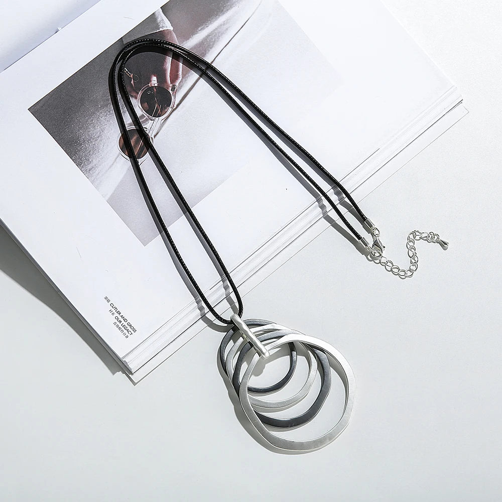 TongLing Vintage Necklace Black Strand Rope Multi Loop Circle Long Geometric Pendant Necklace for Women