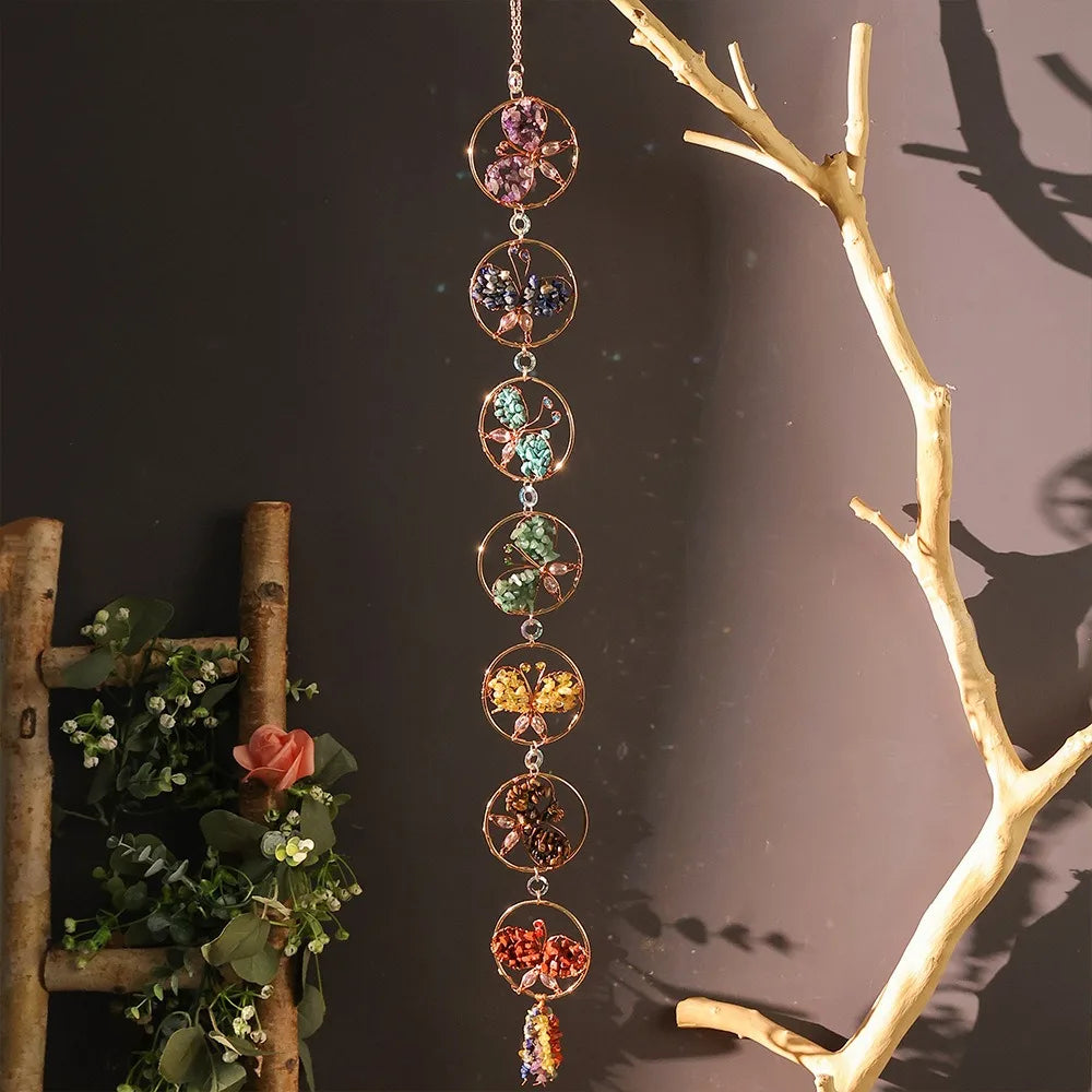 Handmade Boho Room Decor Polished Butterfly Crystal Sun Catcher Chakra Wind Chime Wall Hanging for Yoga Meditation Healing