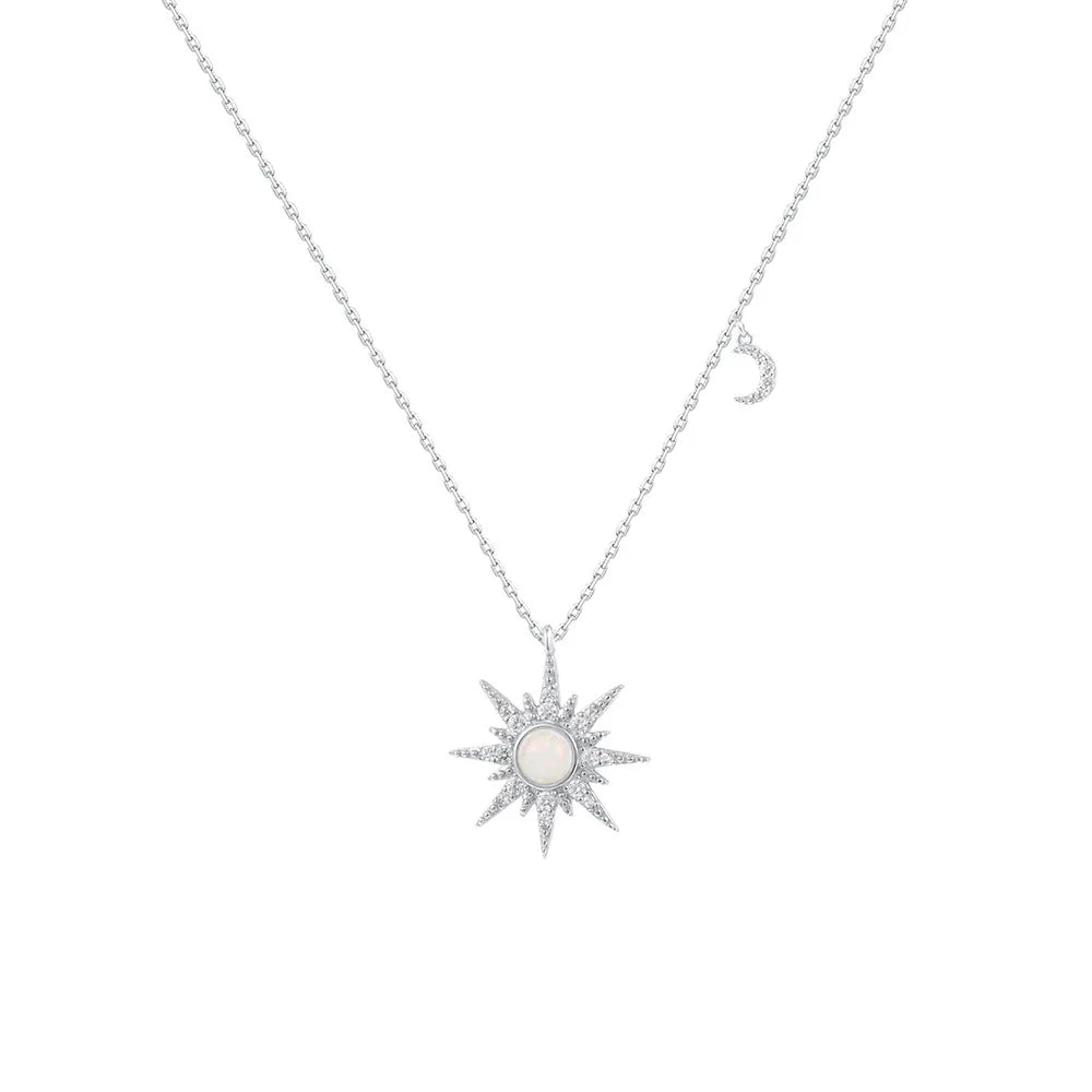 Daidan Necklace 18K Gold Plated Necklace Women Trendy Charm Starburst Opal 925 Silver Star Moon Necklace