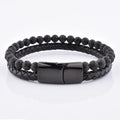 Hot Sale Man Black Woven Leather Magnetic Clasp Lava Stone Bead Bracelet Double Layer Bead and Leather Bracelet