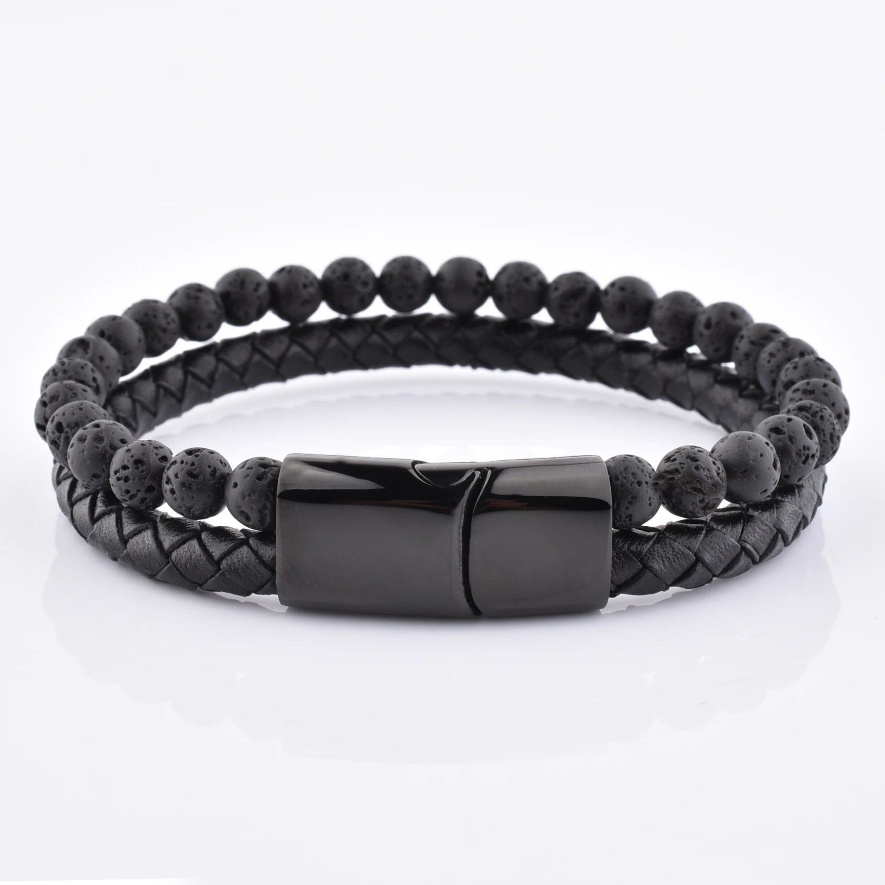Hot Sale Man Black Woven Leather Magnetic Clasp Lava Stone Bead Bracelet Double Layer Bead and Leather Bracelet
