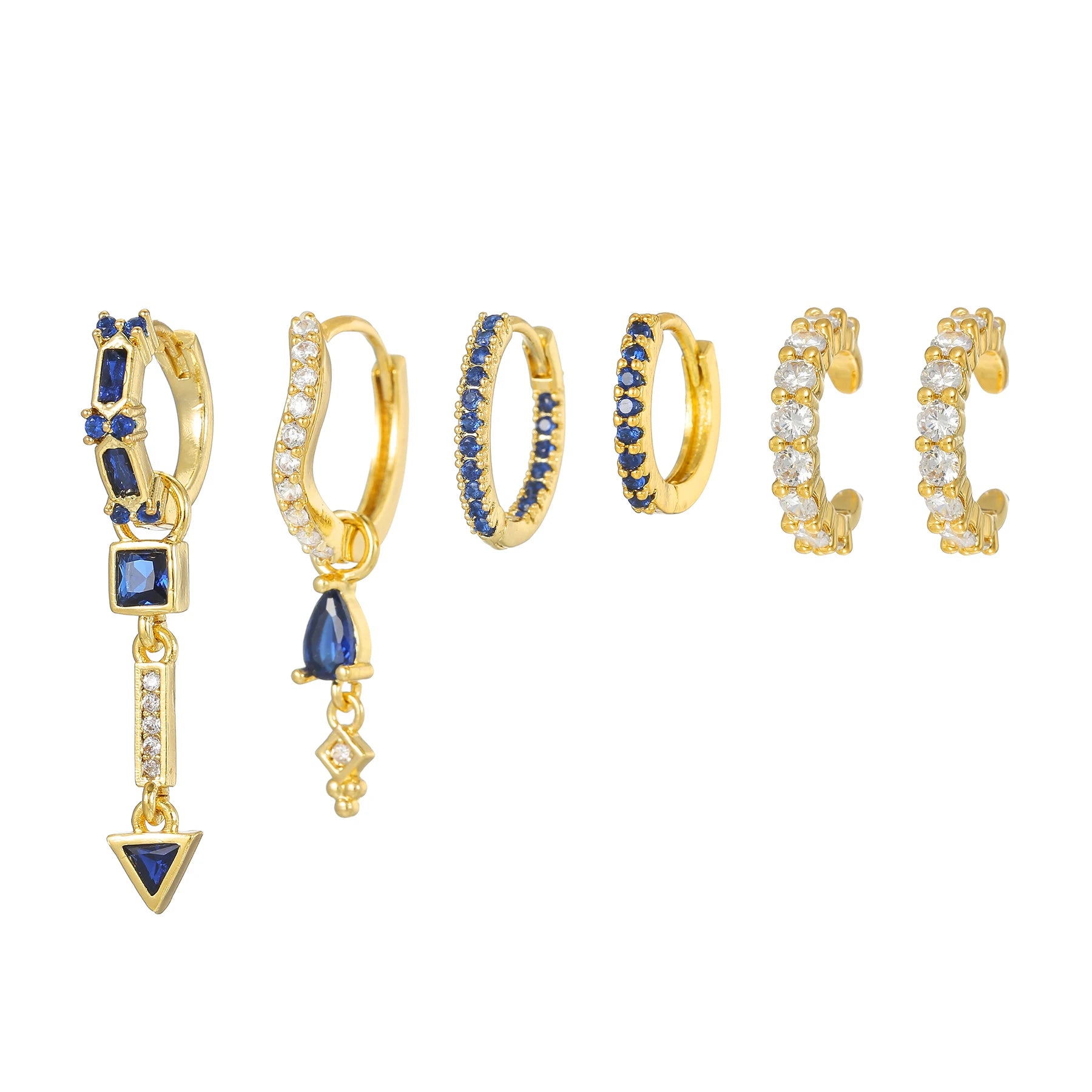 6Pcs Classic 18K Gold Earrings with Sapphire and 5A Zircon Trendy Layered Design for Business Attire Jewelry Set