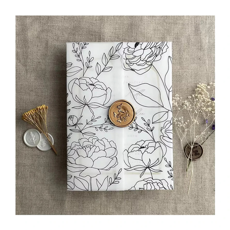 Wholesale 5x7 Pre-Folded Translucent Vellum Jacket Custom Floral Tracing Paper for Wedding Invitation Card for Valentine's Day