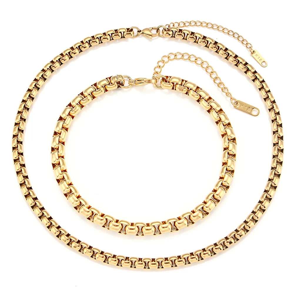 Minimalist Style Stainless Steel Necklace and Bracelet Set 18K Gold Plated Thick Round Box Chain Necklace
