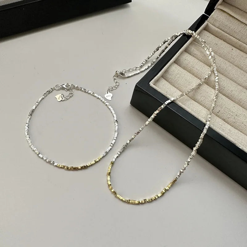 Luxury 100% Real 925 Sterling Silver Vintage Geometric Silver & Gold Beads Beaded Necklaces Bracelets Women Fine Jewelry Sets