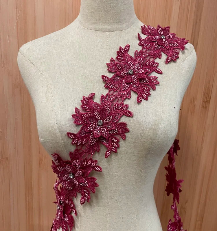 Wholesale New Fashion 3D Rhinestone Embroidery Flower Pink Lace