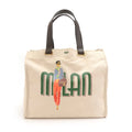 Milan Fashionista 2022 White Canvas Black Knitted Casual Tote Bag with Custom Printed Logo Ladies Bags Open Closure Two Handles