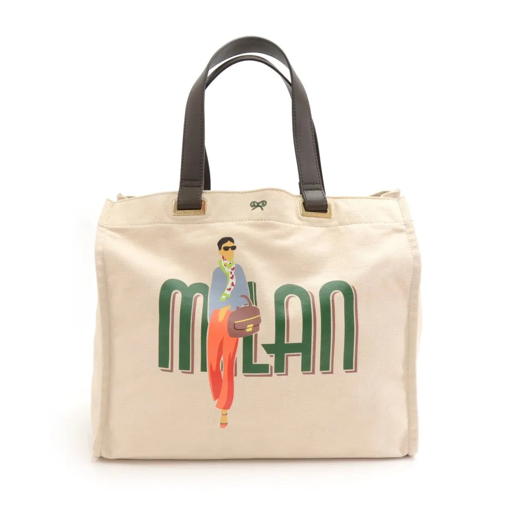 Milan Fashionista 2022 White Canvas Black Knitted Casual Tote Bag with Custom Printed Logo Ladies Bags Open Closure Two Handles