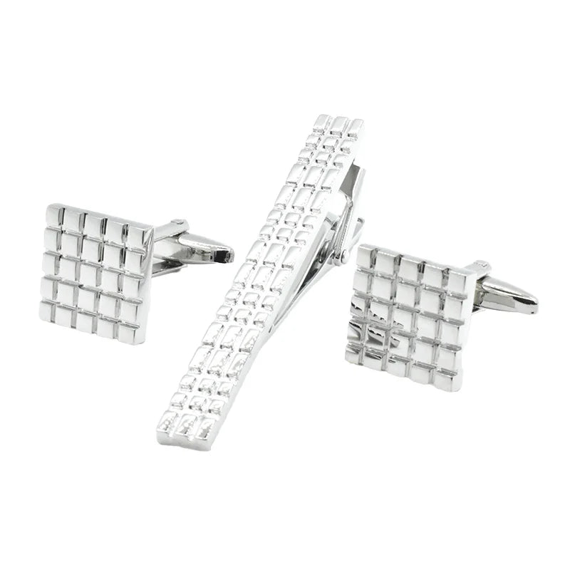 Wholesale Square Lattice Cufflinks Tie Clip Set Custom Mens Suit Shirt Fashion Accessory Wedding Tuxedo Trendy Jewelry Gift