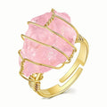 Handmade Wire Wrapped Rose Pink Quartz Crystal Gemstone Ring Natural Raw Stone Adjustable Open Design Elegant Healing Engagement