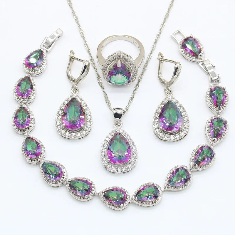 Classic Platinum Plated Alloy Zircon Engagement Wedding Anniversary Gift Party Jewelry Set Women Water Drop Style Bracelet