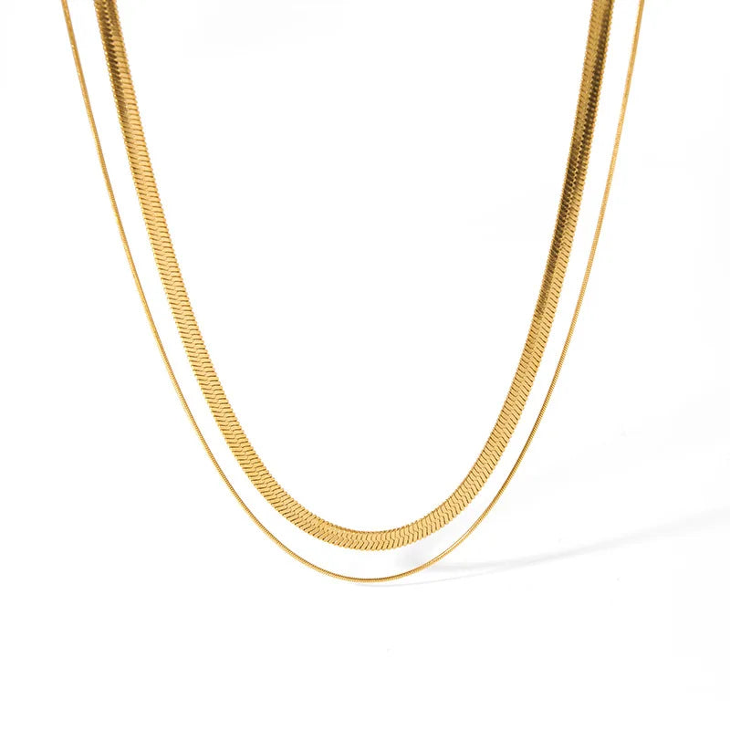 Trendy Jewelry Waterproof Snake Double Layered Necklace Stainless Steel 18K Gold Plated 3mm Snake Herringbone Chain Necklace